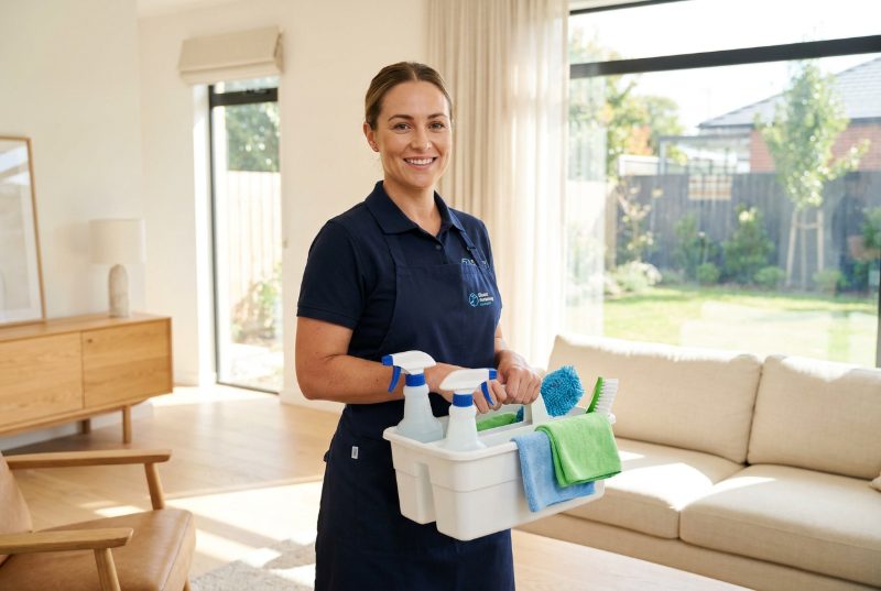 Professional cleaner with a cleaning caddy in a bright living room